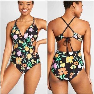 Modcloth Black Floral One Piece Swimsuit